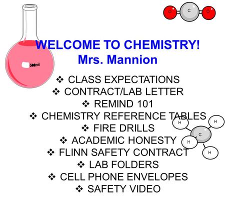 C O O C H H H H WELCOME TO CHEMISTRY! Mrs. Mannion  CLASS EXPECTATIONS  CONTRACT/LAB LETTER  REMIND 101  CHEMISTRY REFERENCE TABLES  FIRE DRILLS 