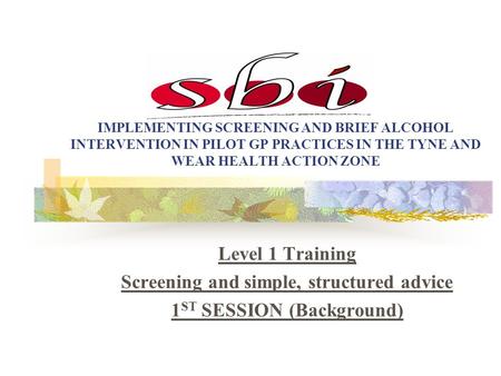 IMPLEMENTING SCREENING AND BRIEF ALCOHOL INTERVENTION IN PILOT GP PRACTICES IN THE TYNE AND WEAR HEALTH ACTION ZONE Level 1 Training Screening and simple,