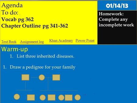 Agenda To do: Vocab pg 362 Chapter Outline pg 341-362 Homework: Complete any incomplete work Warm-up Assignment logText Book Khan Academy Power Point 01/14/13.