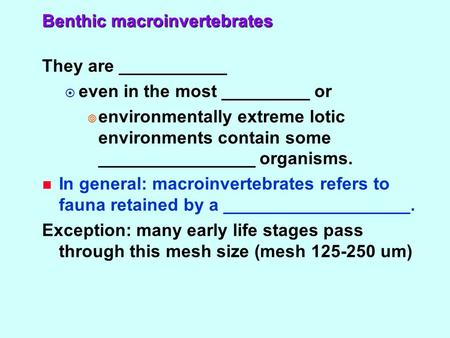 Benthic macroinvertebrates They are ___________  even in the most _________ or  environmentally extreme lotic environments contain some ________________.