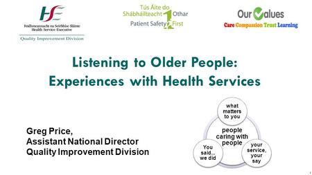 Listening to Older People: Experiences with Health Services Greg Price, Assistant National Director Quality Improvement Division people caring with people.