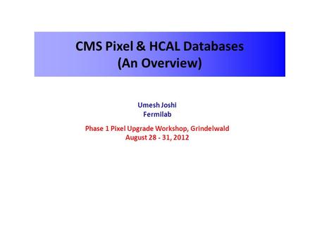 Umesh Joshi Fermilab Phase 1 Pixel Upgrade Workshop, Grindelwald August 28 - 31, 2012 CMS Pixel & HCAL Databases (An Overview)