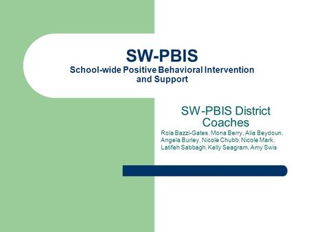 SW-PBIS School-wide Positive Behavioral Intervention and Support SW-PBIS District Coaches Rola Bazzi-Gates, Mona Berry, Alia Beydoun, Angela Burley, Nicole.