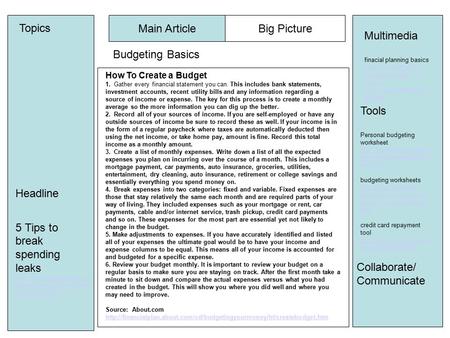 Topics Headline 5 Tips to break spending leaks  om/od/savingmoney/qt/sp endingleaks.htm Main ArticleBig Picture Multimedia.