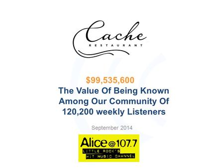 September 2014 $99,535,600 The Value Of Being Known Among Our Community Of 120,200 weekly Listeners.