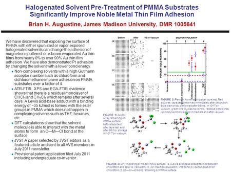 Halogenated Solvent Pre-Treatment of PMMA Substrates Significantly Improve Noble Metal Thin Film Adhesion Brian H. Augustine, James Madison University,