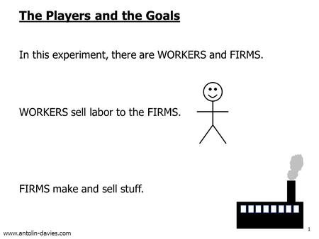 1 www.antolin-davies.com The Players and the Goals In this experiment, there are WORKERS and FIRMS. WORKERS sell labor to the FIRMS. FIRMS make and sell.