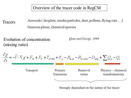 Overview of the tracer code in RegCM Tracers Aerosols ( droplets, smoke particles, dust, pollens, flying cats …) Gazeous phase, chemical species Evolution.