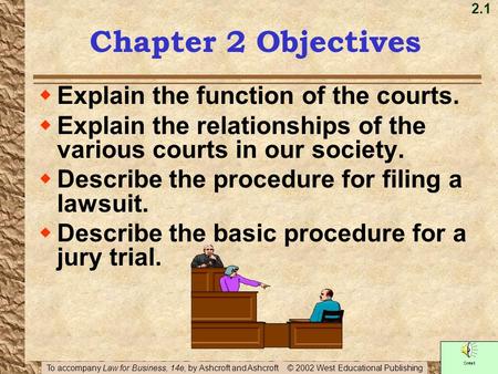 Chapter 2 Objectives Explain the function of the courts.