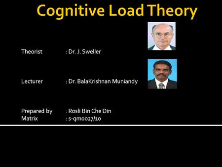 Theorist: Dr. J. Sweller Lecturer: Dr. BalaKrishnan Muniandy Prepared by : Rosli Bin Che Din Matrix: s-qm0027/10.