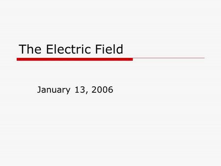 The Electric Field January 13, 2006. Calendar  Quiz Today  Continuation with Coulomb’s Law and the concept of the Electric Field  MLK Holiday on Monday.