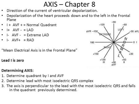 AXIS – Chapter 8 Direction of the current of ventricular depolarization. Depolarization of the heart proceeds down and to the left in the Frontal Plane.