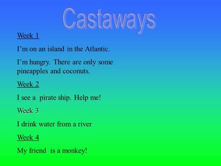 Week 1 I’m on an island in the Atlantic. I’m hungry. There are only some pineapples and coconuts. Week 2 I see a pirate ship. Help me! Week 3 I drink.