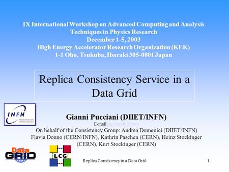 Replica Consistency in a Data Grid1 IX International Workshop on Advanced Computing and Analysis Techniques in Physics Research December 1-5, 2003 High.