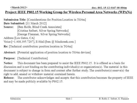 Doc.: 802. 15-12-0167-00-004m Submission Slide 1 Project: IEEE P802.15 Working Group for Wireless Personal Area Networks (WPANs) Submission Title: [Considerations.