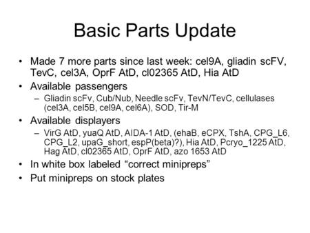 Basic Parts Update Made 7 more parts since last week: cel9A, gliadin scFV, TevC, cel3A, OprF AtD, cl02365 AtD, Hia AtD Available passengers –Gliadin scFv,