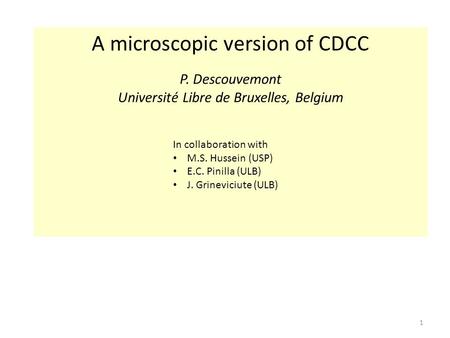 1 A microscopic version of CDCC P. Descouvemont Université Libre de Bruxelles, Belgium In collaboration with M.S. Hussein (USP) E.C. Pinilla (ULB) J. Grineviciute.