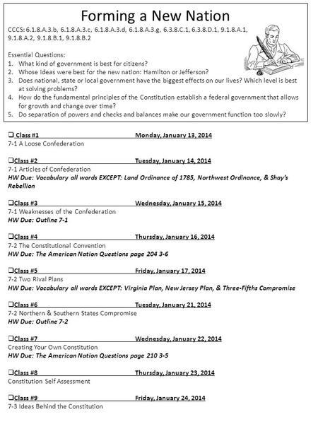 Forming a New Nation CCCS: 6.1.8.A.3.b, 6.1.8.A.3.c, 6.1.8.A.3.d, 6.1.8.A.3.g, 6.3.8.C.1, 6.3.8.D.1, 9.1.8.A.1, 9.1.8.A.2, 9.1.8.B.1, 9.1.8.B.2 Essential.