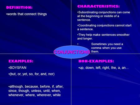 DEFINITION: words that connect things CHARACTERISTICS: Subordinating conjunctions can come at the beginning or middle of a sentence. Coordinating conjunctions.