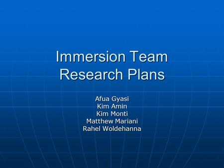 Immersion Team Research Plans Afua Gyasi Kim Amin Kim Monti Matthew Mariani Rahel Woldehanna.