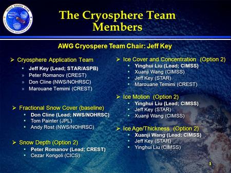 11 The Cryosphere Team Members  Cryosphere Application Team  Jeff Key (Lead; STAR/ASPB) »Peter Romanov (CREST) »Don Cline (NWS/NOHRSC) »Marouane Temimi.