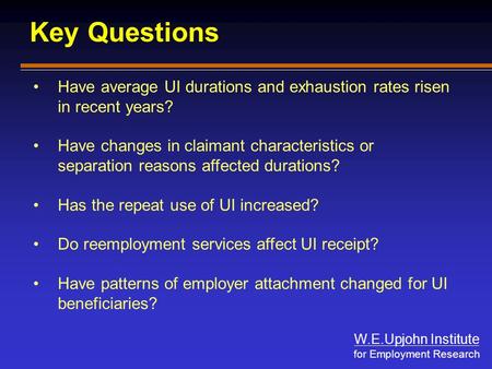 W.E.Upjohn Institute for Employment Research Key Questions Have average UI durations and exhaustion rates risen in recent years? Have changes in claimant.