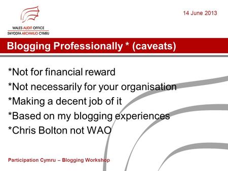 Blogging Professionally * (caveats) *Not for financial reward *Not necessarily for your organisation *Making a decent job of it *Based on my blogging experiences.