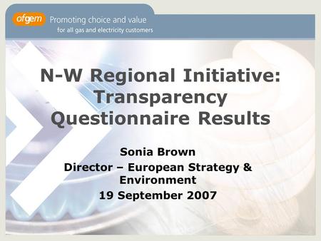 N-W Regional Initiative: Transparency Questionnaire Results Sonia Brown Director – European Strategy & Environment 19 September 2007.