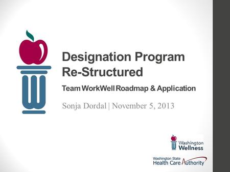 Designation Program Re-Structured Team WorkWell Roadmap & Application Sonja Dordal | November 5, 2013.