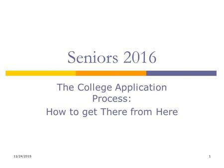 11/24/20151 Seniors 2016 The College Application Process: How to get There from Here.