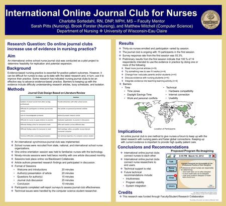 Research Question: Do online journal clubs increase use of evidence in nursing practice? Methods Charlotte Sortedahl, RN, DNP, MPH, MS – Faculty Mentor.