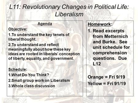 L11: Revolutionary Changes in Political Life: Liberalism Agenda Objective: 1.To understand the key tenets of liberal thought. 2.To understand and reflect.