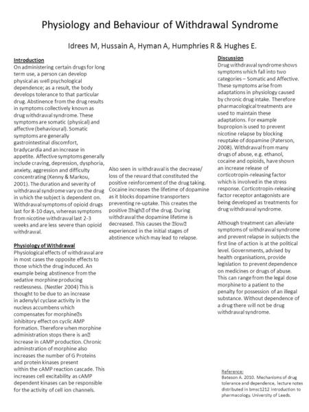 Physiology and Behaviour of Withdrawal Syndrome Idrees M, Hussain A, Hyman A, Humphries R & Hughes E. Introduction On administering certain drugs for long.