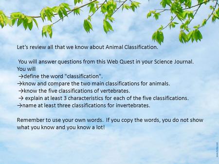 Let’s review all that we know about Animal Classification. You will answer questions from this Web Quest in your Science Journal. You will →define the.