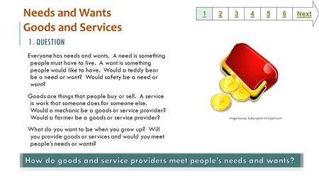 Needs and Wants Goods and Services 1. Question