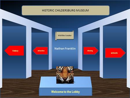 Museum Entrance Nathan Franklin Welcome to the Lobby history attraction schools dinning HISTORIC CHILDERSBURG MUSEUM Visit the Curator Artifact 1.