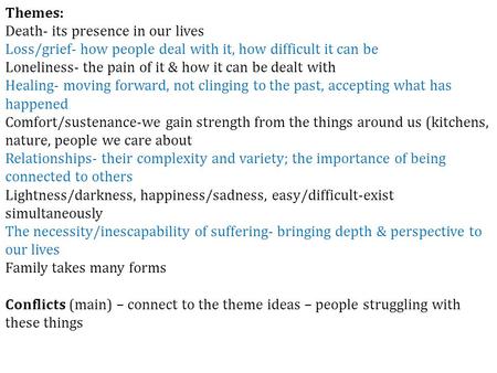 Themes: Death- its presence in our lives Loss/grief- how people deal with it, how difficult it can be Loneliness- the pain of it & how it can be dealt.