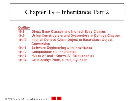  2000 Prentice Hall, Inc. All rights reserved. Chapter 19 – Inheritance Part 2 Outline 19.8Direct Base Classes and Indirect Base Classes 19.9Using Constructors.