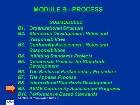 ASME C&S Training Module B9 MODULE B - PROCESS SUBMODULES B1.Organizational Structure B2.Standards Development: Roles and Responsibilities B3.Conformity.