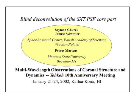 Blind deconvolution of the SXT PSF core part Szymon Gburek Janusz Sylwester Space Research Centre, Polish Academy of Sciences Wrocław,Poland Multi-Wavelength.