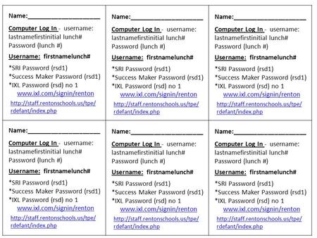 rdefant/index.php Name:_____________________ Computer Log In - username: lastnamefirstinitial lunch# Password (lunch.