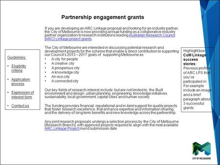 Click to edit Master title style Click to edit Master subtitle style Partnership engagement grants If you are developing an ARC Linkage proposal and looking.