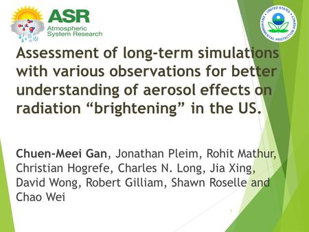 Assessment of long-term simulations with various observations for better understanding of aerosol effects on radiation “brightening” in the US. Chuen-Meei.