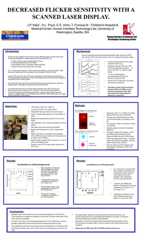 DECREASED FLICKER SENSITIVITY WITH A SCANNED LASER DISPLAY. J.P. Kelly 1, H.L. Pryor, E.S. Viirre, T. Furness III. 1 Children's Hospital & Medical Center;