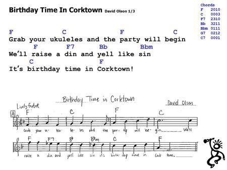 Birthday Time In Corktown David Olson 1/3 F C Grab your ukuleles and the party will begin F F7 Bb Bbm We ’ ll raise a din and yell like sin C F It ’ s.