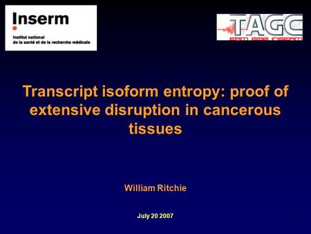 1 Transcript isoform entropy: proof of extensive disruption in cancerous tissues William Ritchie July 20 2007.