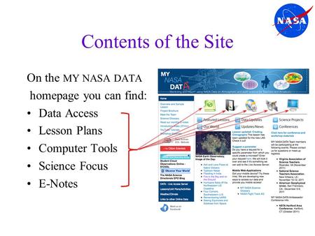 Contents of the Site On the MY NASA DATA homepage you can find: Data Access Lesson Plans Computer Tools Science Focus E-Notes.