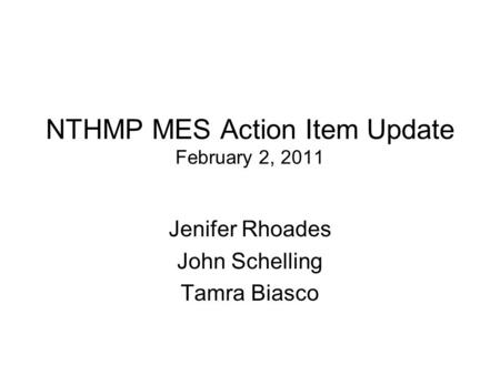 NTHMP MES Action Item Update February 2, 2011 Jenifer Rhoades John Schelling Tamra Biasco.