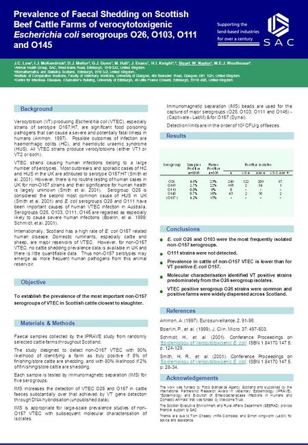 Prevalence of Faecal Shedding on Scottish Beef Cattle Farms of verocytotoxigenic Escherichia coli serogroups O26, O103, O111 and O145 J.C. Low 1, I.J.