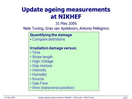 31 May 2006Update ageing measurements at NIKHEF - LHCb week - Niels Tuning 1/37 Update ageing measurements at NIKHEF 31 May 2006 Niels Tuning, Gras van.